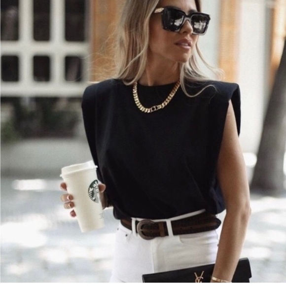 NWT Zara Black Oversized Muscle Top with Shoulder Pads - Picture 1 of 4
